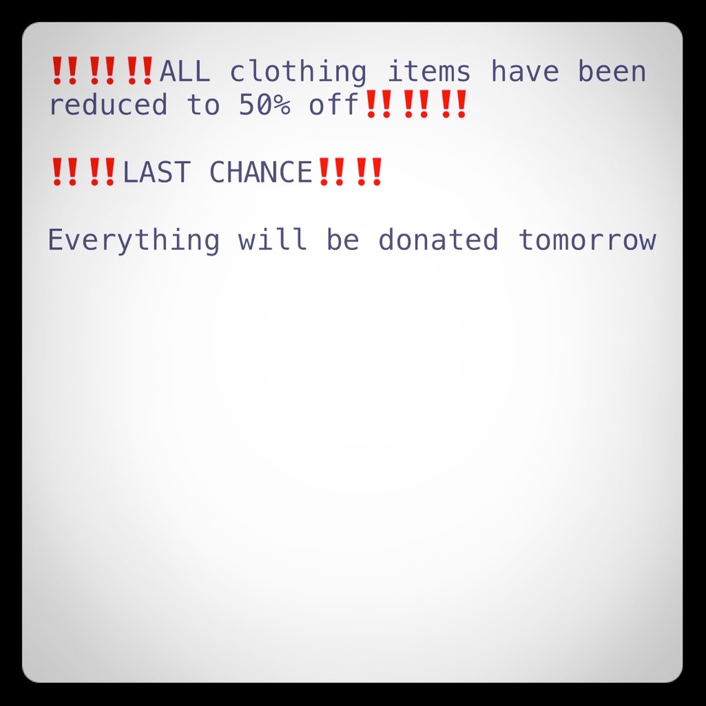 ALL CLOTHING 50% OFF LAST DAY